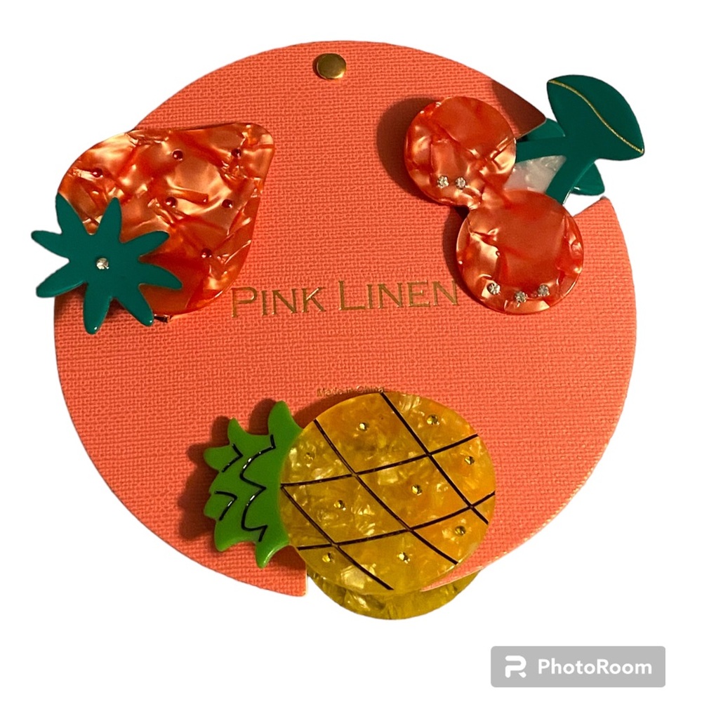 NWT•Pink Linen Women’s Fruit hair clips 3pc set